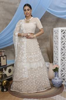 Beige embroidered net Semi Stitched bridal lehenga