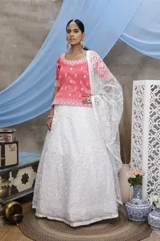 White embroidered net Semi Stitched bridal lehenga