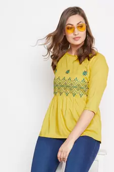 Yellow embroidered rayon party-tops