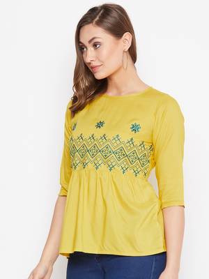Yellow embroidered rayon party-tops 3