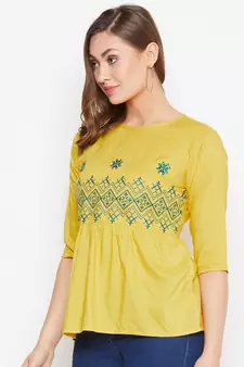 Yellow embroidered rayon party-tops