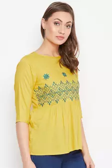 Yellow embroidered rayon party-tops