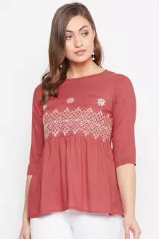 Maroon embroidered rayon party-tops
