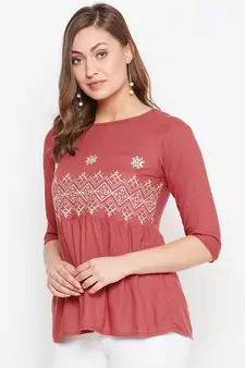 Maroon embroidered rayon party-tops