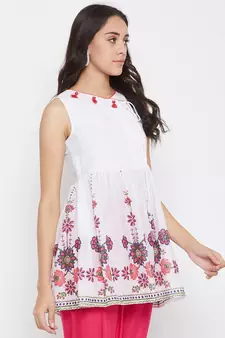White printed cotton long-tops