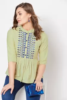 Green embroidered cotton cotton-tops