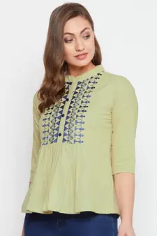 Green embroidered cotton cotton-tops