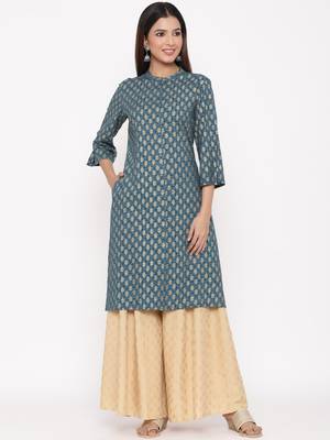 Dark Teal Rayon Printed A Line Kurta 1