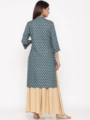 Dark Teal Rayon Printed A Line Kurta 2