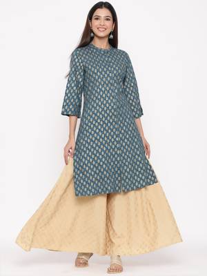 Dark Teal Rayon Printed A Line Kurta 3