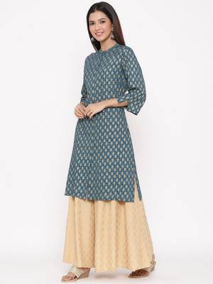 Dark Teal Rayon Printed A Line Kurta 4