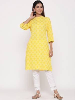 Yellow Rayon Printed A Line Kurta 1