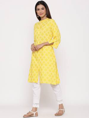 Yellow Rayon Printed A Line Kurta 3