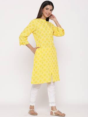 Yellow Rayon Printed A Line Kurta 4