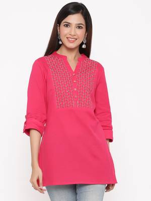 Fuschia Cotton Flex Embroidered Straight Kurta 1