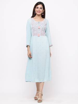 Mint Rayon Crepe Embroidered A line Dress 1
