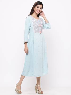 Mint Rayon Crepe Embroidered A line Dress 3