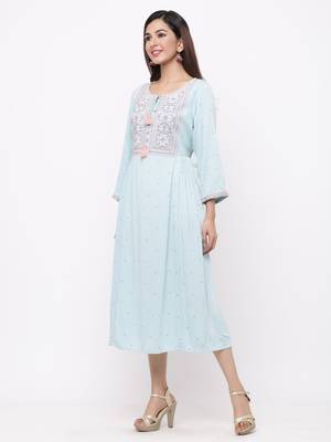 Mint Rayon Crepe Embroidered A line Dress 4