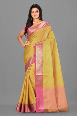 Mustard Banarasi Tanchoi Art Muslin Silk Saree With Blouse 1