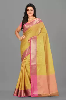 Mustard Banarasi Tanchoi Art Muslin Silk Saree With Blouse