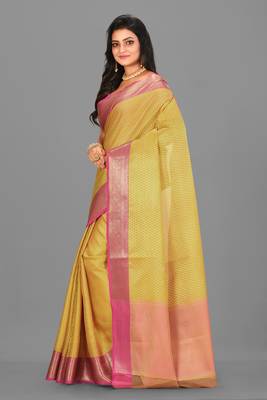 Mustard Banarasi Tanchoi Art Muslin Silk Saree With Blouse 2