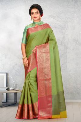 Green Banarasi Tanchoi Art Muslin Silk Saree With Blouse 1