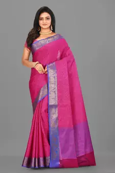 Rani Pink Banarasi Tanchoi Art Muslin Silk Saree With Blouse