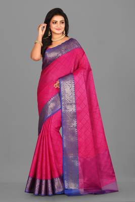 Rani Pink Banarasi Tanchoi Art Muslin Silk Saree With Blouse 1