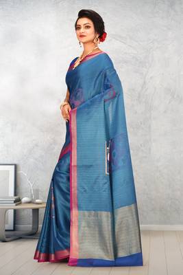 Teal Banarasi Tanchoi Art Muslin Silk Saree With Blouse 2