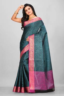 Dark Teal Banarasi Tanchoi Art Muslin Silk Saree With Blouse 1