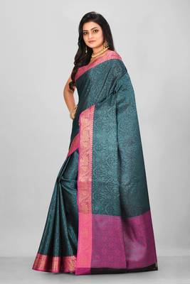 Dark Teal Banarasi Tanchoi Art Muslin Silk Saree With Blouse 2