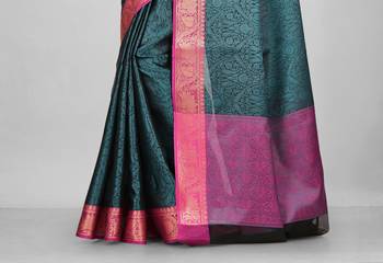 Dark Teal Banarasi Tanchoi Art Muslin Silk Saree With Blouse 3