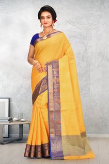 Mustard Banarasi Tanchoi Art Muslin Silk Saree With Blouse