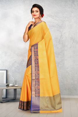 Mustard Banarasi Tanchoi Art Muslin Silk Saree With Blouse 2