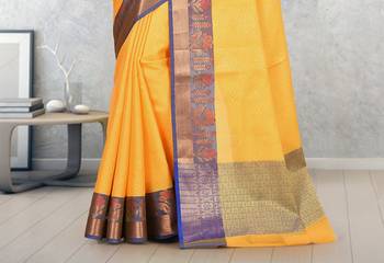 Mustard Banarasi Tanchoi Art Muslin Silk Saree With Blouse 3