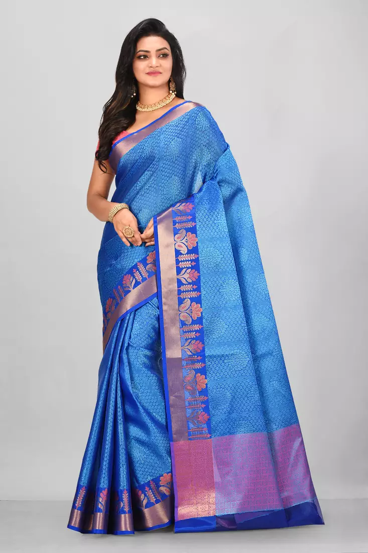 Blue Banarasi Tanchoi Art Muslin Silk Saree With Blouse