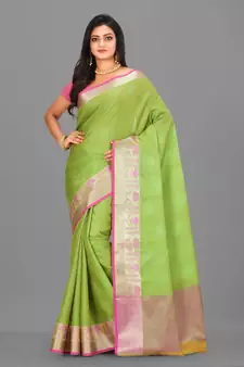 Green Banarasi Tanchoi Art Muslin Silk Saree With Blouse