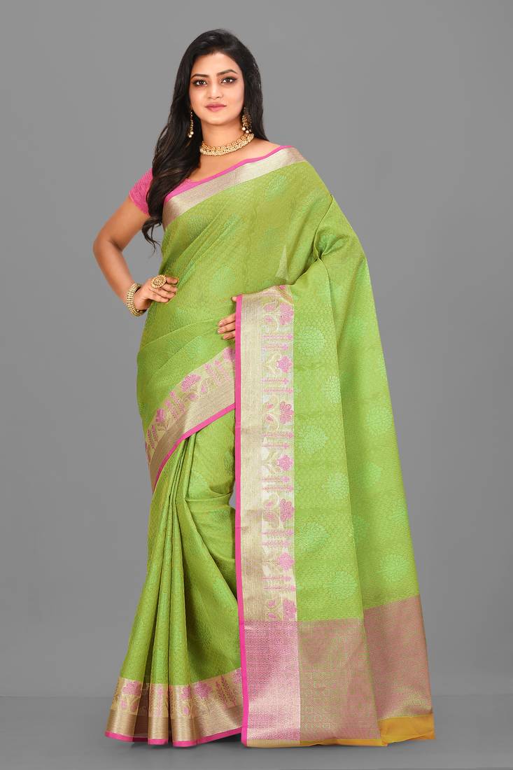 Green Banarasi Tanchoi Art Muslin Silk Saree With Blouse