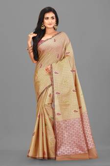 Beige Banarasi Tanchoi Art Muslin Silk Saree With Blouse
