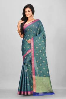 Teal Banarasi Tanchoi Art Muslin Silk Saree With Blouse