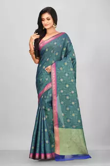 Teal Banarasi Tanchoi Art Muslin Silk Saree With Blouse
