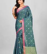 Teal Banarasi Tanchoi Art Muslin Silk Saree With Blouse