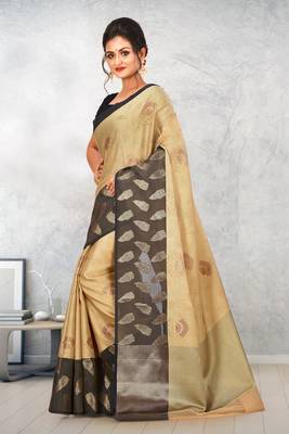 Beige Banarasi Tanchoi Art Muslin Silk Saree With Blouse 2