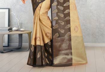 Beige Banarasi Tanchoi Art Muslin Silk Saree With Blouse 3