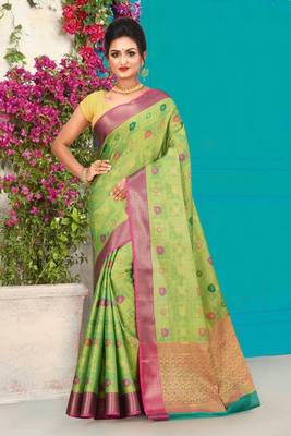 Green Banarasi Tanchoi Art Muslin Silk Saree With Blouse 1