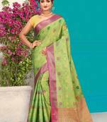 Green Banarasi Tanchoi Art Muslin Silk Saree With Blouse