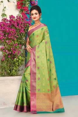 Green Banarasi Tanchoi Art Muslin Silk Saree With Blouse 2