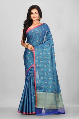 Teal Banarasi Tanchoi Art Muslin Silk Saree With Blouse 1