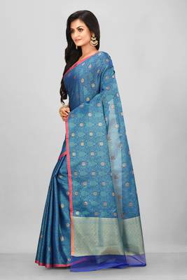 Teal Banarasi Tanchoi Art Muslin Silk Saree With Blouse 2