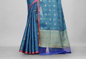 Teal Banarasi Tanchoi Art Muslin Silk Saree With Blouse 3